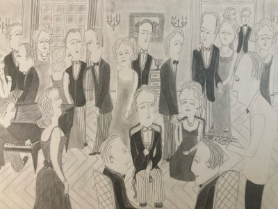 Painting Drawing Pencil Paper Party Wedding 1970 Charles D'estève De Pradel Art