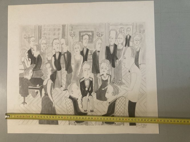 Peinture Dessin Crayon Papier Fête Mariage 1970 Charles D’estève De Pradel Art