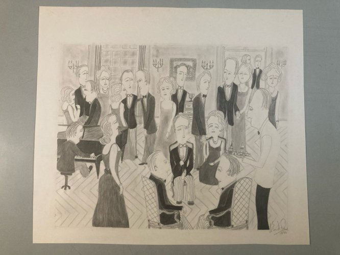 Peinture Dessin Crayon Papier Fête Mariage 1970 Charles D’estève De Pradel Art