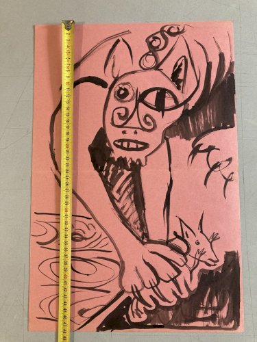 Peinture Dessin Encre Papier 1980 Art Chat Animal Animaux Expressionniste Rose