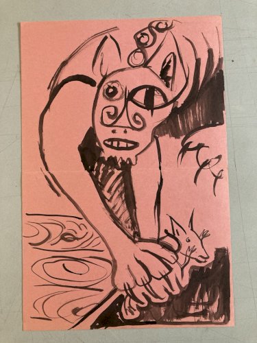 Peinture Dessin Encre Papier 1980 Art Chat Animal Animaux Expressionniste Rose