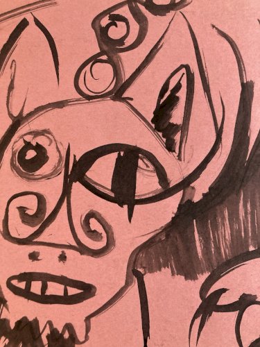 Peinture Dessin Encre Papier 1980 Art Chat Animal Animaux Expressionniste Rose