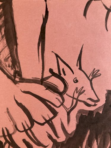 Peinture Dessin Encre Papier 1980 Art Chat Animal Animaux Expressionniste Rose