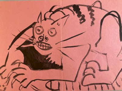 Peinture Dessin Encre Papier Rose 1980 Art Chat Animal Animaux Expressionniste