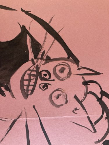 Peinture Dessin Encre Papier Rose 1980 Art Chat Animal Animaux Expressionniste