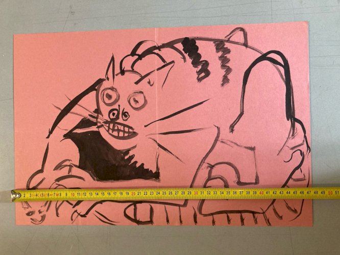 Peinture Dessin Encre Papier Rose 1980 Art Chat Animal Animaux Expressionniste