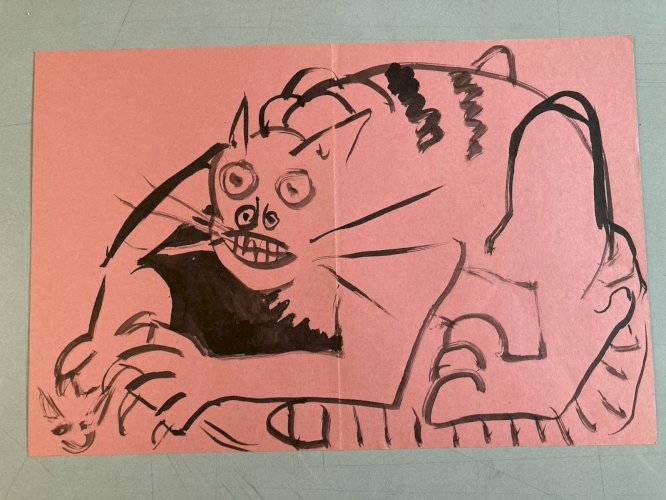 Peinture Dessin Encre Papier Rose 1980 Art Chat Animal Animaux Expressionniste