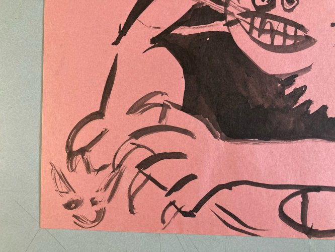 Peinture Dessin Encre Papier Rose 1980 Art Chat Animal Animaux Expressionniste