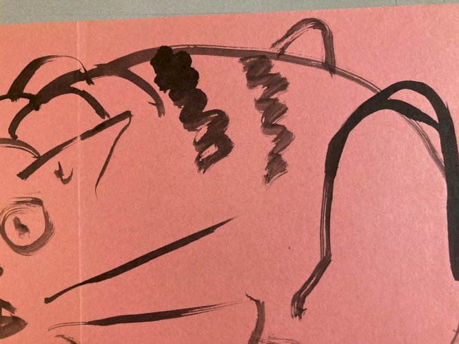 Peinture Dessin Encre Papier Rose 1980 Art Chat Animal Animaux Expressionniste