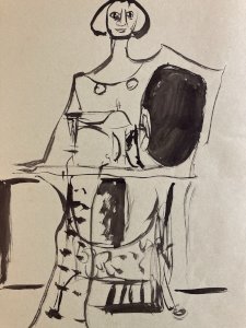 Painting Drawing Ink Paper Green 1960 Art Woman At Sewing Cubism Cubist