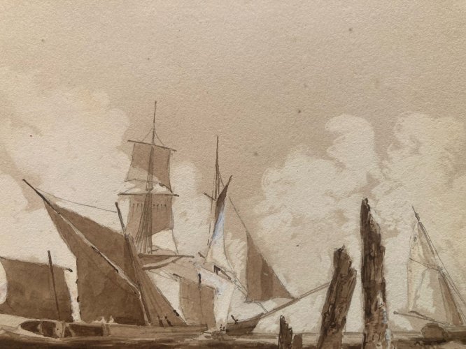 Peinture Dessin Encre Paysage Barque Bateau Marine A Identifier XIXe Mer