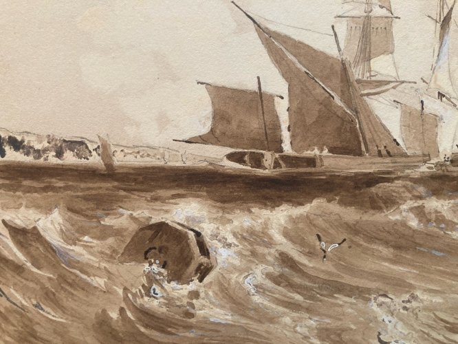 Peinture Dessin Encre Paysage Barque Bateau Marine A Identifier XIXe Mer