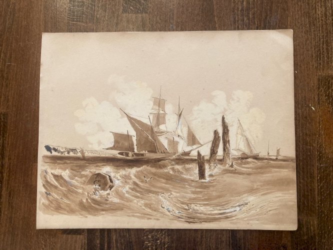 Peinture Dessin Encre Paysage Barque Bateau Marine A Identifier XIXe Mer