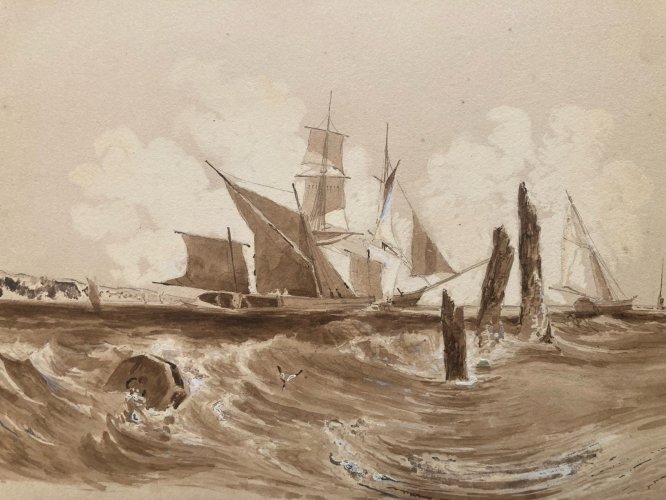 Peinture Dessin Encre Paysage Barque Bateau Marine A Identifier XIXe Mer