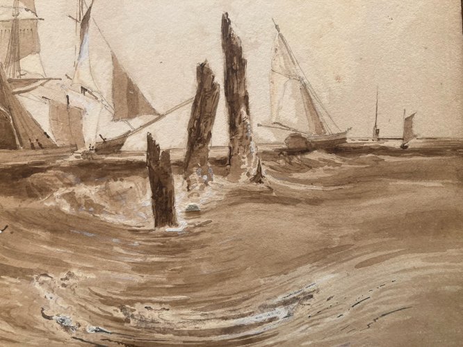 Peinture Dessin Encre Paysage Barque Bateau Marine A Identifier XIXe Mer