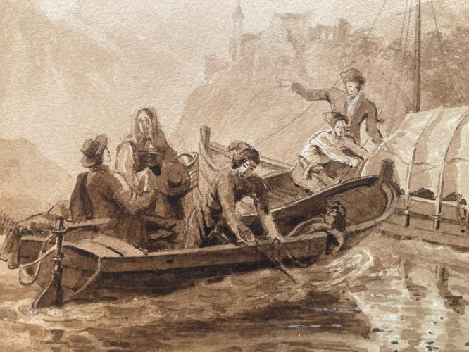 Peinture Dessin Encre Paysage Barque Chateau Rivière A Identifier XIXe Art