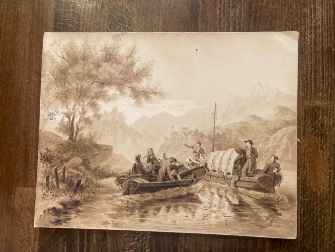 Peinture Dessin Encre Paysage Barque Chateau Rivière A Identifier XIXe Art