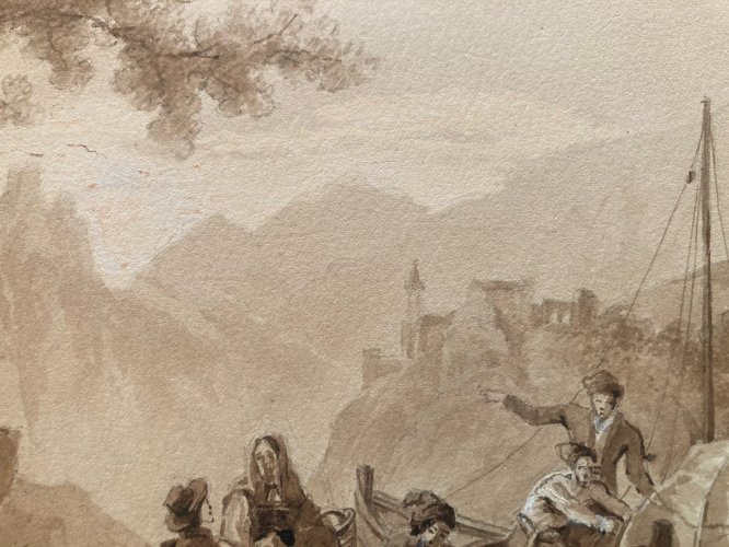 Peinture Dessin Encre Paysage Barque Chateau Rivière A Identifier XIXe Art