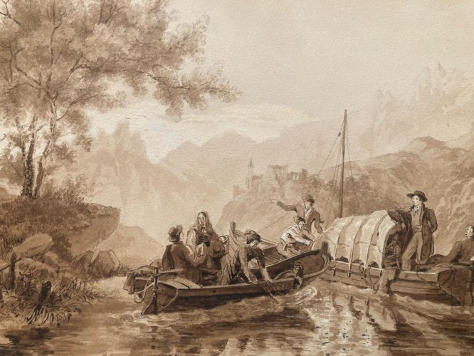 Peinture Dessin Encre Paysage Barque Chateau Rivière A Identifier XIXe Art