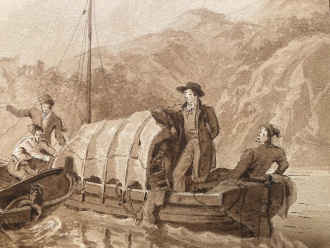 Peinture Dessin Encre Paysage Barque Chateau Rivière A Identifier XIXe Art