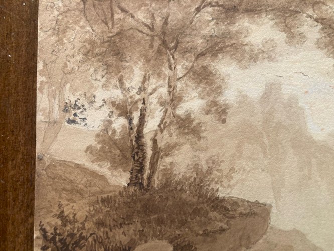 Peinture Dessin Encre Paysage Barque Chateau Rivière A Identifier XIXe Art