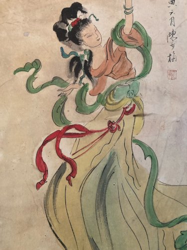 Peinture Dessin  Gouache Papier XIXe Jeune Femme Portrait Painting Ancien Chine