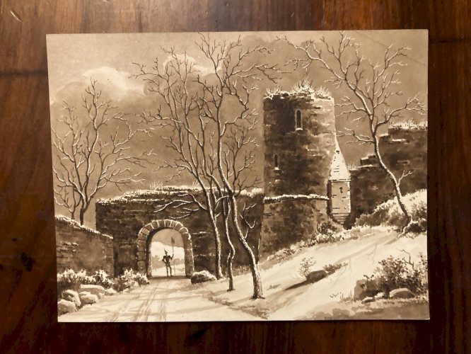 Peinture Dessin XIXe 1820 Encre Lavis Château Chevalier Ruines Ancien Art Porche