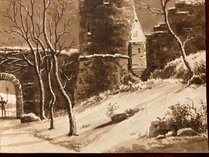 Peinture Dessin XIXe 1820 Encre Lavis Château Chevalier Ruines Ancien Art Porche