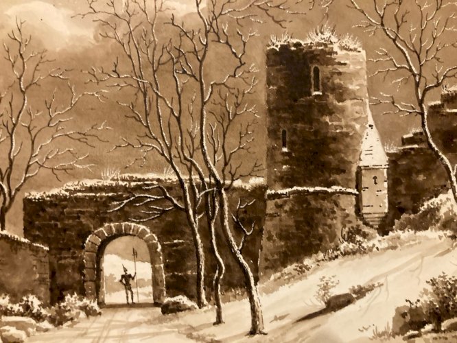 Peinture Dessin XIXe 1820 Encre Lavis Château Chevalier Ruines Ancien Art Porche