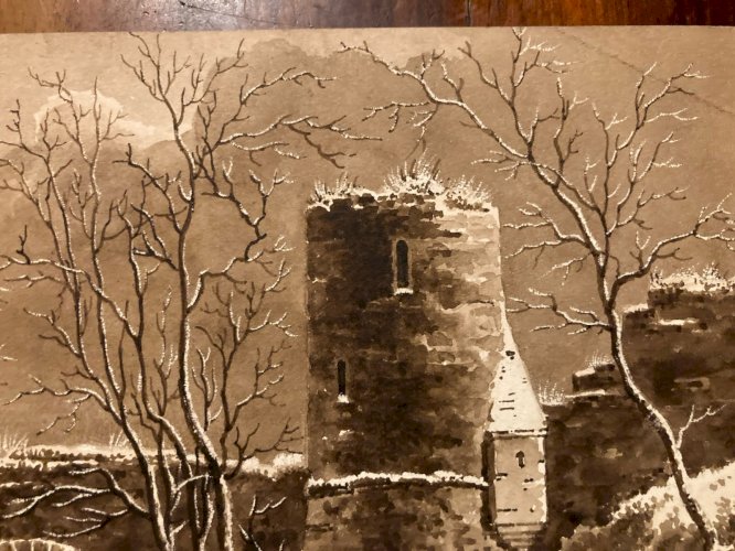 Peinture Dessin XIXe 1820 Encre Lavis Château Chevalier Ruines Ancien Art Porche