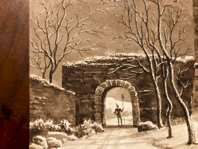 Peinture Dessin XIXe 1820 Encre Lavis Château Chevalier Ruines Ancien Art Porche