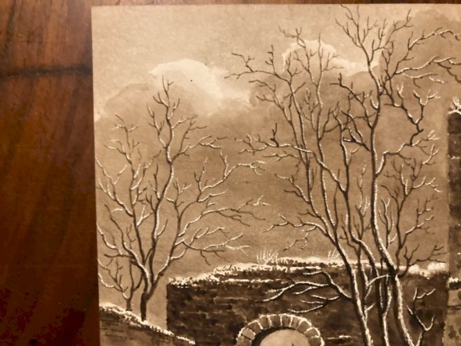 Peinture Dessin XIXe 1820 Encre Lavis Château Chevalier Ruines Ancien Art Porche