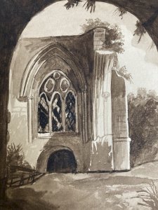 Peinture Dessin XIXe 1820 Encre Lavis Eglise Cathédrale Ruines Ancien Art Porche