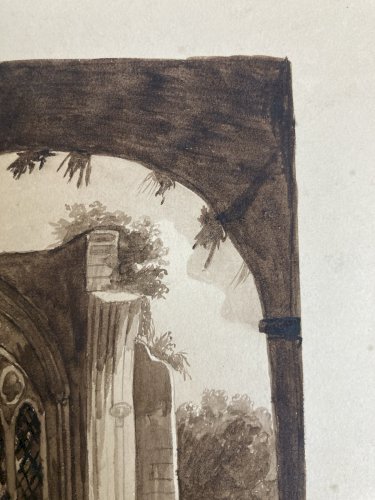 Peinture Dessin XIXe 1820 Encre Lavis Eglise Cathédrale Ruines Ancien Art Porche