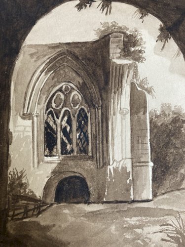 Peinture Dessin XIXe 1820 Encre Lavis Eglise Cathédrale Ruines Ancien Art Porche