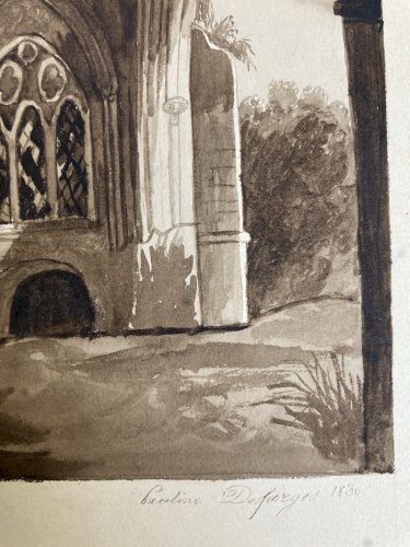 Peinture Dessin XIXe 1820 Encre Lavis Eglise Cathédrale Ruines Ancien Art Porche