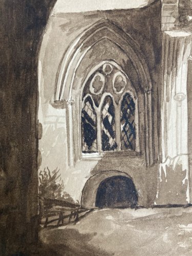 Peinture Dessin XIXe 1820 Encre Lavis Eglise Cathédrale Ruines Ancien Art Porche