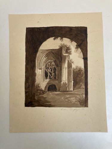 Peinture Dessin XIXe 1820 Encre Lavis Eglise Cathédrale Ruines Ancien Art Porche