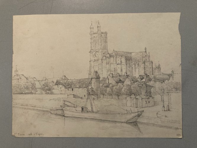 Peinture Dessin XIXe 1833 Crayon Cathédrale Art Crayon Troyes Ancien Eglise