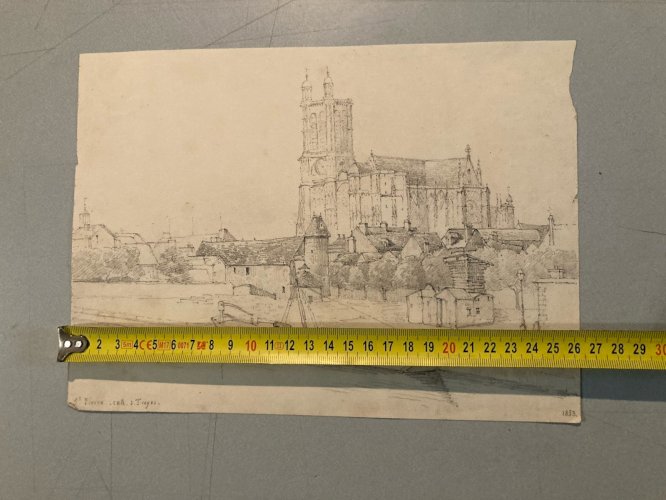 Peinture Dessin XIXe 1833 Crayon Cathédrale Art Crayon Troyes Ancien Eglise