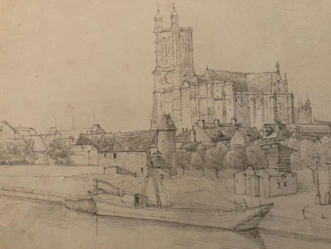 Peinture Dessin XIXe 1833 Crayon Cathédrale Art Crayon Troyes Ancien Eglise