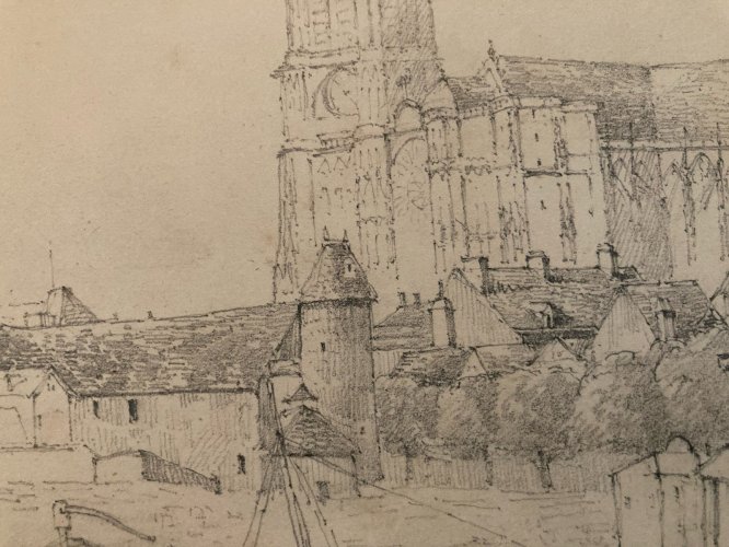 Peinture Dessin XIXe 1833 Crayon Cathédrale Art Crayon Troyes Ancien Eglise