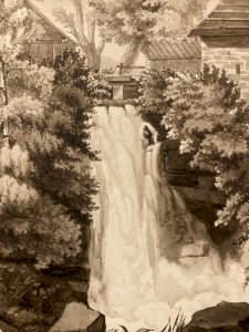 Peinture Dessin XIXe 1850 Encre Lavis Chute Eau Riviere Nature Ancien Suisse ?