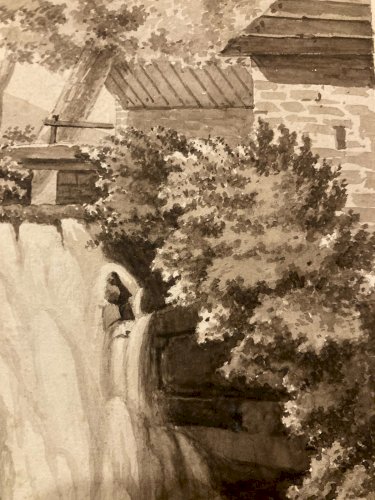 Peinture Dessin XIXe 1850 Encre Lavis Chute Eau Riviere Nature Ancien Suisse ?