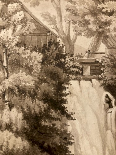 Peinture Dessin XIXe 1850 Encre Lavis Chute Eau Riviere Nature Ancien Suisse ?
