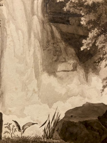 Peinture Dessin XIXe 1850 Encre Lavis Chute Eau Riviere Nature Ancien Suisse ?