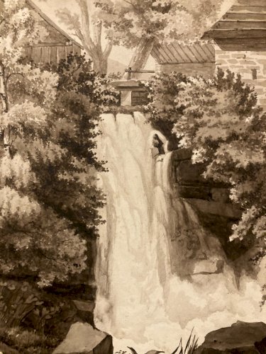 Peinture Dessin XIXe 1850 Encre Lavis Chute Eau Riviere Nature Ancien Suisse ?