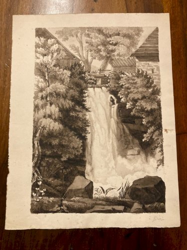 Peinture Dessin XIXe 1850 Encre Lavis Chute Eau Riviere Nature Ancien Suisse ?