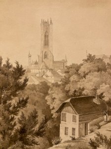 Peinture Dessin XIXe 1850 Encre Lavis Eglise Cathédrale Fribourg Ancien Suisse