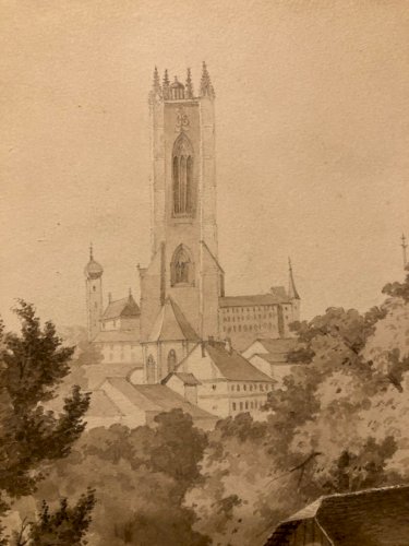Peinture Dessin XIXe 1850 Encre Lavis Eglise Cathédrale Fribourg Ancien Suisse